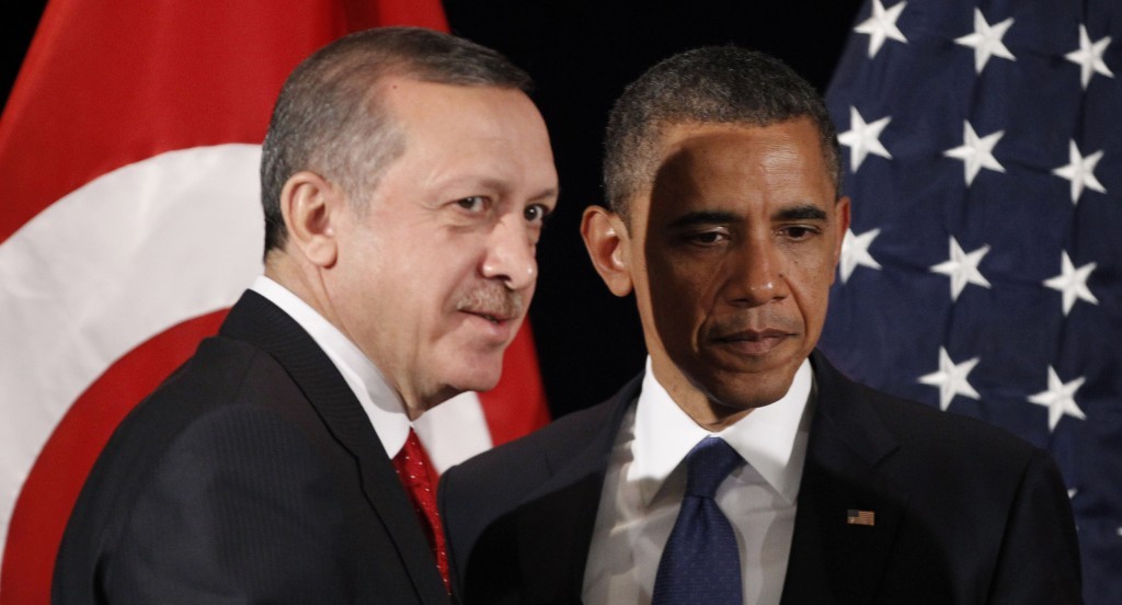 Turkish Prime Minister Recep Tayyip Erdogan (left) with US President Barack Obama during a bilateral meeting (photo credit: AP/Pablo Martinez Monsivais)