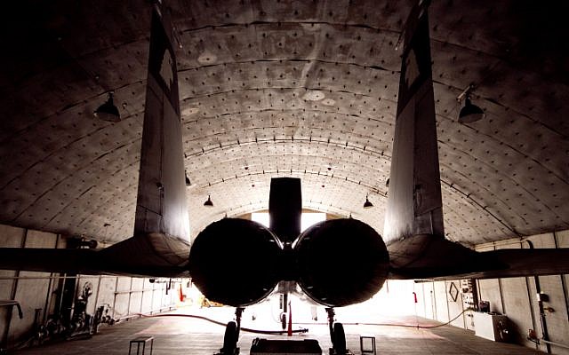 An F-15 in its hangar in the Ovda air force base (photo credit: Ofer Zidon/Flash90)