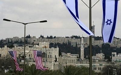 American and Israeli flags in Jerusalem (photo credit: Olivier Fitoussi/Flash90)
