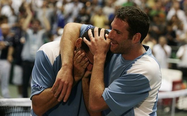 Jonathan Erlich, right, with former doubles partner Andy Ram (photo credit: Uri Lenz/Flash90/File)