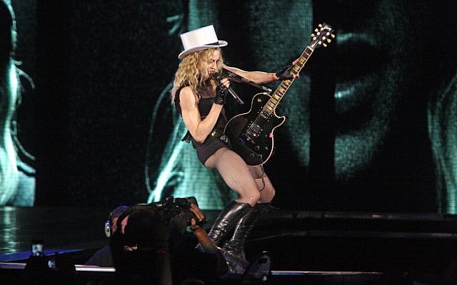 US pop singer Madonna performs during her Sticky and Sweet Tour in Tel Aviv in 2009. (photo credit: Amir Meiri/Flash90)
