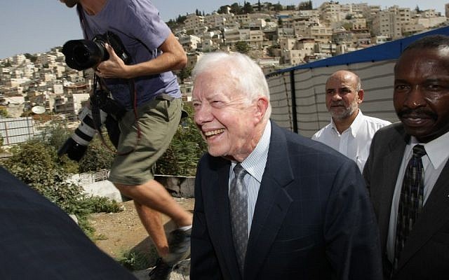 Former US president Jimmy Carter, pictured during a visit to East Jerusalem, lambasted an Israeli legal decision that the IDF bore no responsibility for the death of American activist Rachel Corrie. (Photo credit: Kobi Gideon/Flash90/File)