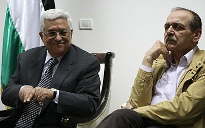 Mahmoud Abbas and Yasser Abed Rabbo in better days (photo credit: Kobi Gideon/Flash90)