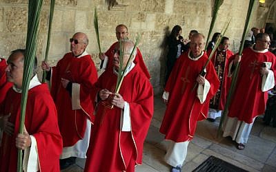 Christian pilgrims at the Church of the Nativity in Bethlehem (photo credit: Issam Rimawi/Flash90)