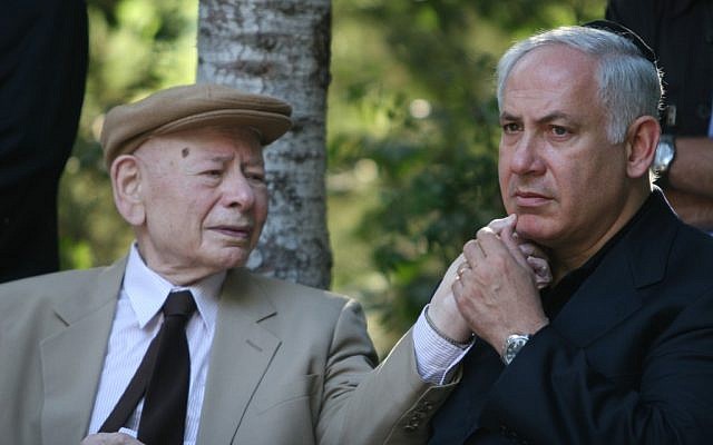 Prime Minister Benjamin Netanyahu with his father Benzion during a memorial ceremony for Yoni Netanyahu at Mount Herzl Military Cemetery in Jerusalem in 2007.  (Photo Credit: Michal Fattal/Flash90)