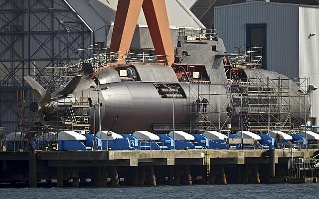 An Israeli nuclear Dolphin submarine in Kiel, northern Germany (photo credit: AP/Philipp Guelland)