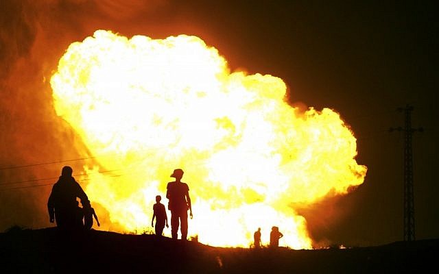 Flames rise from a gas pipeline explosion in el-Arish, Egypt in July, 2012. The pipeline that transports fuel to Israel and Jordan has been attacked many times since the fall of former president Hosni Mubarak. (AP/File)