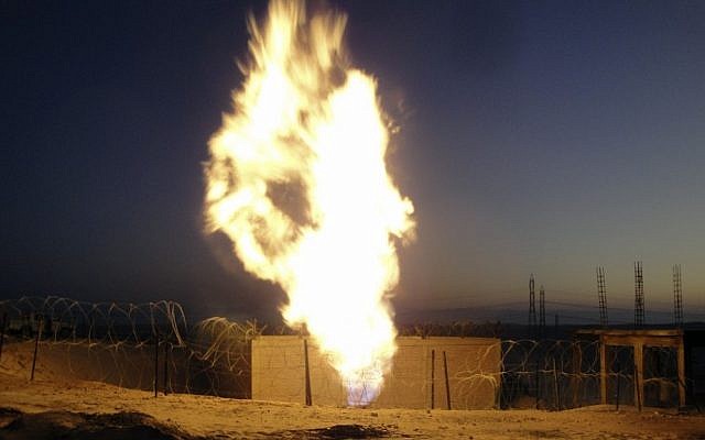 Flames rise from a natural gas pipeline explosion in el-Arish, Egypt, July 2011 (photo credit: AP/File)