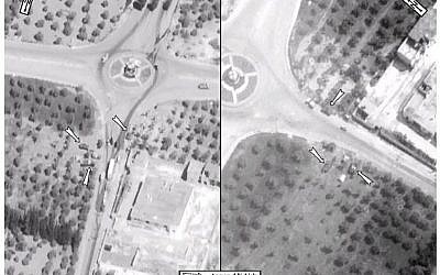 Gambar satelit yang diposting di halaman Facebook Kedutaan Besar AS di Damaskus Sabtu, 7 April 2012, menunjukkan kehadiran konvoi militer di Zirdana, Suriah pada 5 April, tepat di sebelah rekaman area yang sama pada 4 April, yang menunjukkan tidak ada konvoi militer yang tidak muncul.  .  (kredit foto: AP/Kedutaan Besar AS di Damaskus melalui Facebook)