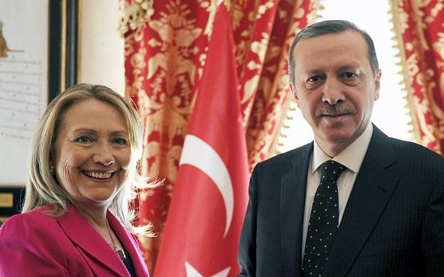 Turkey's Prime Minister Recep Tayyip Erdogan  with US Secretary of State Hillary Rodham Clinton earlier this year (photo credit: AP/Yasin Bulbul)