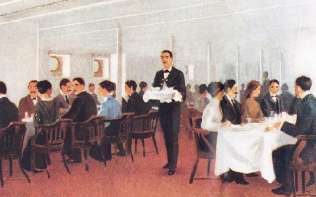 A color illustration of a portion of the third-class dining saloon on the Olympic and Titanic from a White Star Line publicity brochure. (photo credit: Titanic International Society Archives, Midland Park, N.J.)