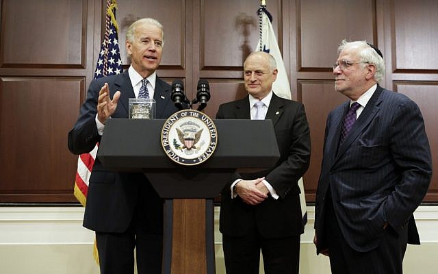 Vice President Joe Biden, left, speaking with Richard Stone, Chairman, and Malcolm Hoenlein, Executive Vice Chairman, of the Conference of Presidents of Major American Jewish Organizations, May 21, 2012. (Photo credit: Joshua Roberts)