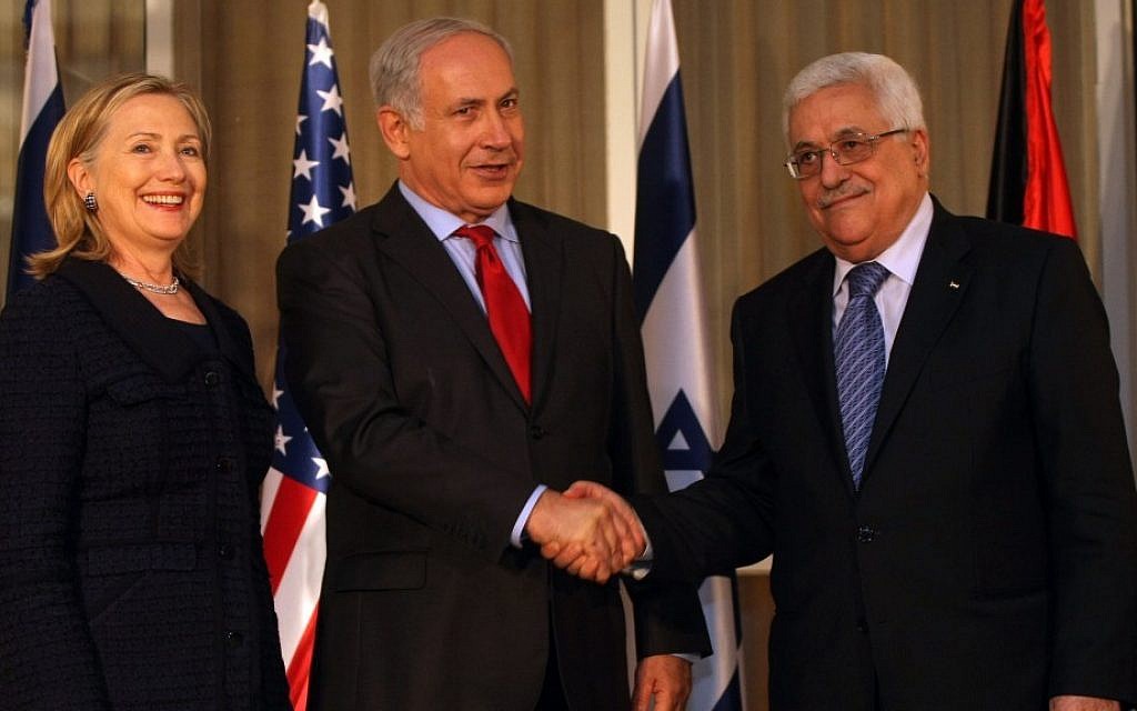 US Secretary of State Hillary Clinton, left, meets with Prime Minister Benjamin Netanyahu, center, and PA President Mahmoud Abbas in Jerusalem, September 15, 2010. (photo credit: Kobi Gideon/Flash90)