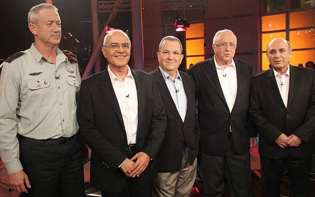 Hail the chiefs. (From left) Current IDF chief of staff Gantz and predecessors-turned-politicians Dan Halutz, Ehud Barak, Amnon Lipkin-Shahak and Shaul Mofaz, pictured last year. (photo credit: Meir Partush/Flash90)