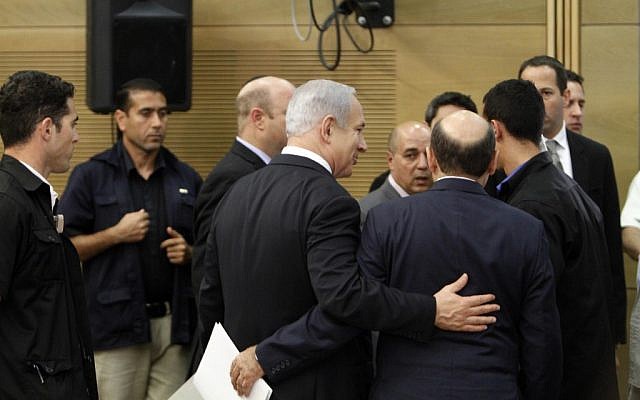 Netanyahu and Mofaz following their joint press conference (photo credit: Miriam Alster/Flash90)