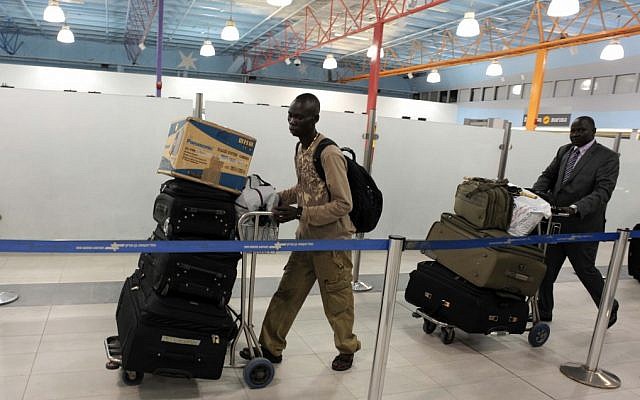 South Sudanese at Ben-Gurion airport last week. (photo credit: Kobi Gideon/GPO/Flash90)