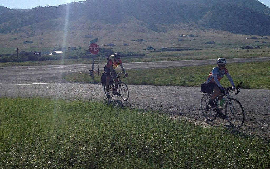 Participants in the Hazon Cross-USA ride biking across Montana, June 2012. (photo credit: Courtesy Hazon/JTA)