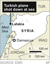 Map locates Latakia, close to where a Turkish plane was shot down by Syria. (AP)