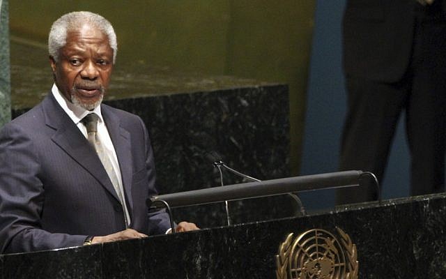 UN-Arab League special envoy to Syria Kofi Annan addresses the General Assembly on Thursday (photo credit: Mary Altaffer/AP)