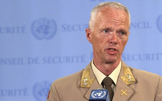 Maj. Gen. Robert Mood, head of the UN observer mission in Syria, speaks to reporters after briefing the Security Council Tuesday on the situation in Syria. (photo credit: Mary Altaffer/AP)