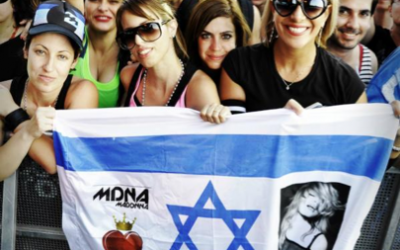 Madonna on the Israeli flag (Courtesy Guy Oseary Twitter)