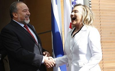 Foreign Minister Avigdor Liberman meets with US Secretary of State Hillary Clinton at the Foreign Ministry in Jerusalem, on Monday July 16 (photo credit: Miriam Alster/Flash90)
