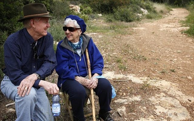 Illustrative photo of an elderly couple taking a walk in the Jerusalem Forest. (Miriam Alster/Flash90)