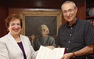 Hebrew University president Menahem Ben Sasson welcomes US Supreme Court Associate Justice Elana Kagan in his office. Kagan is one of two Jewish women on the court. (photo credit: Miriam Alster/Flash90)