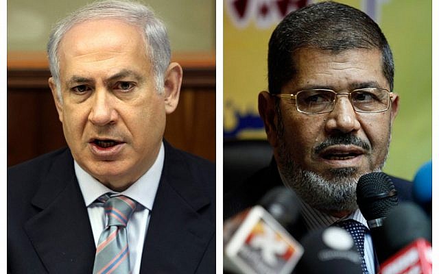 Prime Minister Benjamin Netanyahu and Egyptian President Mohammed Morsi (photo credit: AP/Gali Tibbon, Nasser Nasser)