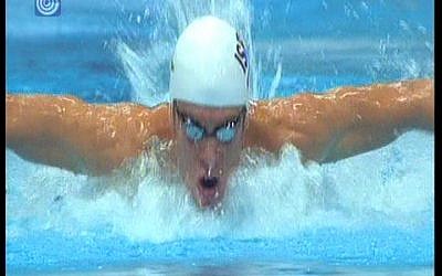 Israeli swimmer Gal Nevo competes in the 200 meters Mens Butterfly on Monday, July 30 (image capture channel 1)