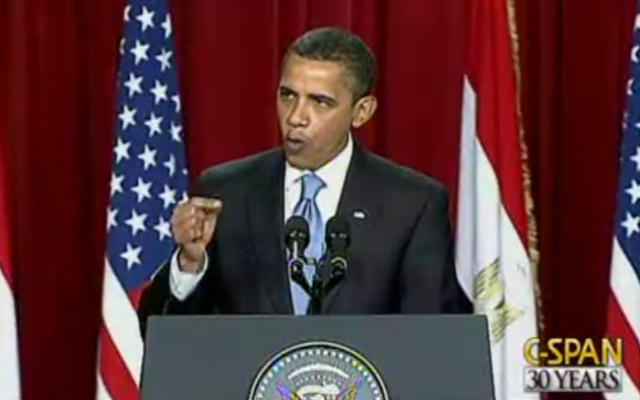 US President Obama delivering his famed Cairo Speech in 2009. The president highlighted the need for social progress in his first major address to the Muslim world. (photo credit: screen capture, YouTube)
