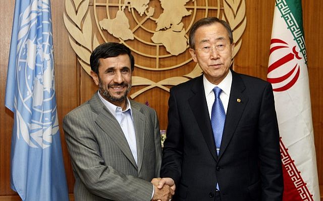 Iranian President Mahmoud Ahmadinejad, left, meets with UN Secretary-General Ban Ki-moon at United Nations headquarters in 2009. (photo credit: AP/Jason DeCrow)