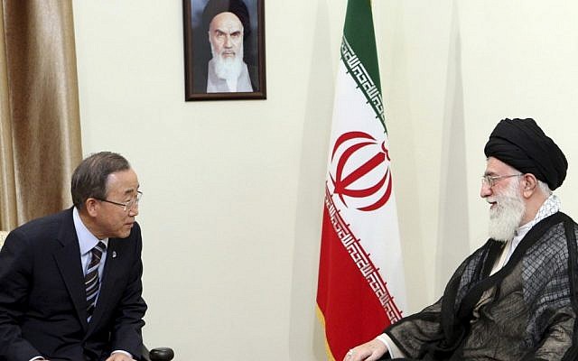 Iran's Supreme Leader Ayatollah Ali Khamenei, right, speaks with UN Secretary-General Ban Ki-moon during the latter's trip to the Islamic Republic in August (photo credit: AP/Office of the Iranian Supreme Leader)