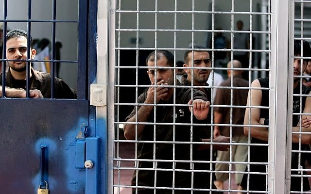 Illustrative photo of security prisoners in an Israeli prison (photo credit: Moshe Shai/Flash90)