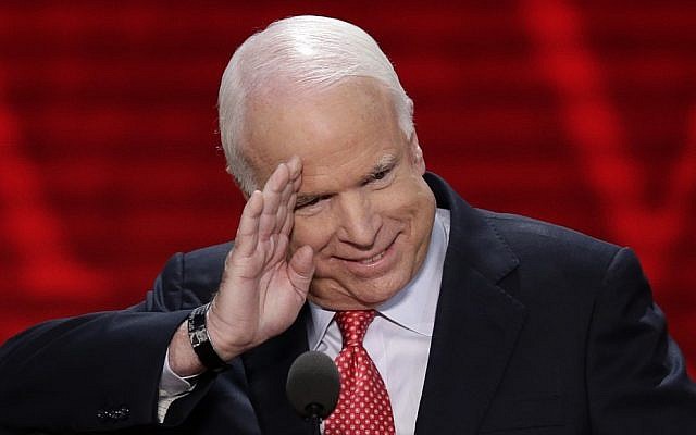 Sen. John McCain of Arizona salutes before addressing the Republican National Convention in Tampa, Fla., on Wednesday, Aug. 29, 2012 (photo credit: AP/J. Scott Applewhite)