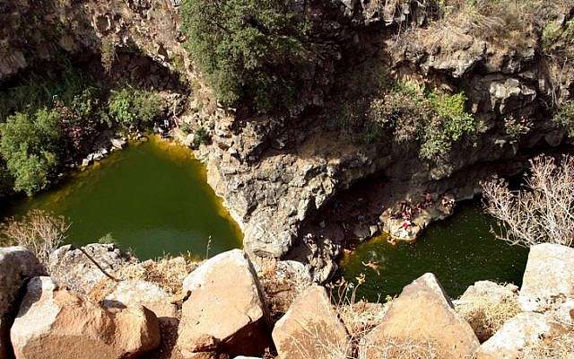 People swim in two freshwater pools that rest under a large waterfall of the Nahal Zavitan. (Phil Sussman/Flash90)