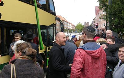 Danish Jews arrive in Malmo, Sweden, to show their solidarity with the city's Jewish community. (Photo credit: Cnaan Liphshiz/JTA)