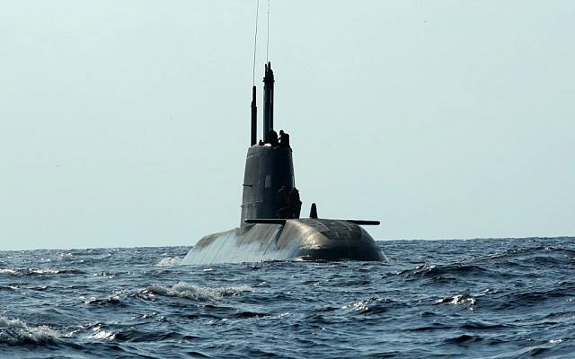 An Israeli Navy Dolphin-class submarine. (Moshe Shai/Flash90)