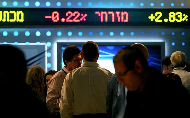 Illustrative photo of a board showing stock fluctuations at the Tel Aviv stock exchange (photo credit: Moshe Shai/Flash90)