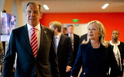 US Secretary of State Hillary Rodham Clinton, right, and Russian Foreign Minister Sergey Lavrov during the Asian-Pacific Economic Cooperation (APEC) Summit in Vladivostok, Russia, in September. (photo credit: Jim Watson/AP)