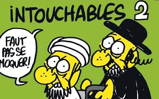 The cover of an issue of Charlie Hebdo depicting an ultra-Orthodox man pushing a wheelchair-bound Muslim (screen capture)