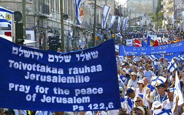 Christian supporters of Israel march during a parade for the Feast of Tabernacles in Jerusalem in 2006. Thousands of Evangelical Christians are participating in an annual pilgrimage to support Israel (photo credit: Olivier Fitoussi/Flash90)