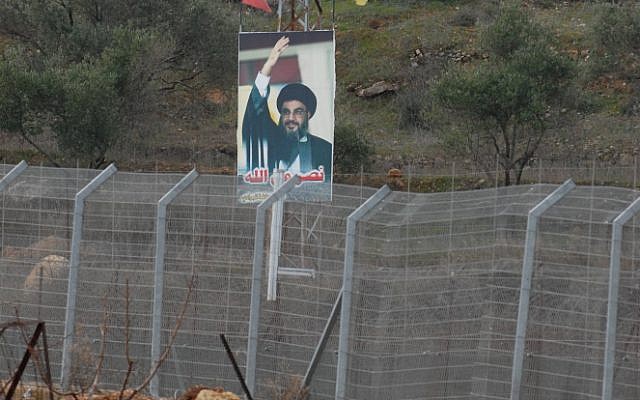 A photo of Nasrallah on the fence of the Lebanese border, 2008 (photo credit: Hamad Almakt/Flash 90)