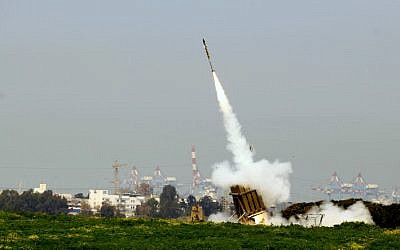 Iron Dome system in action as it intercepts rockets fired from Gaza (photo credit: Flash90/File)
