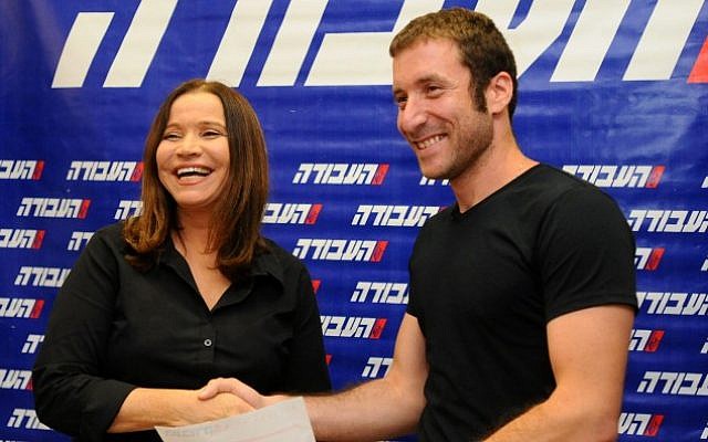 National Student Union chairman Itzik Shmuli, right, one of the leaders of the summer 2011 social justice protests, shakes hands with Shelly Yachimovich as he joins the Labor Party on October 17, 2012. (photo credit: Yossi Zeliger/Flash90)