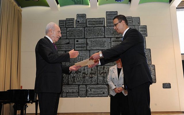 Ambassador Atef Salem submits his letter of credence to President Shimon Peres in October 2012. (photo credit: Mark Neiman/GPO)