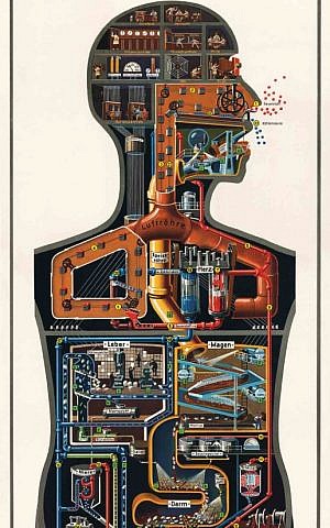 dari Kahn "Manusia sebagai Istana Industri," yang menggambarkan tubuh manusia sebagai pabrik mekanis, baru-baru ini ditampilkan di museum di Berlin, New York, dan London.  (Kredit foto: fritz-kahn.com)