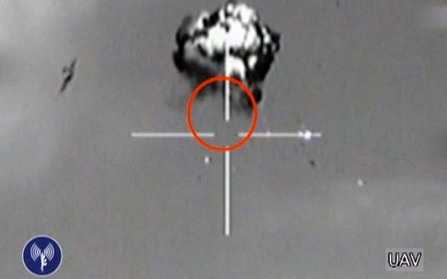 This image made from a video released by the Israel Defense Forces shows the downing of a drone that entered Israeli airspace in southern Israel on Saturday. (photo credit: AP/Israel Defense Forces via AP video)