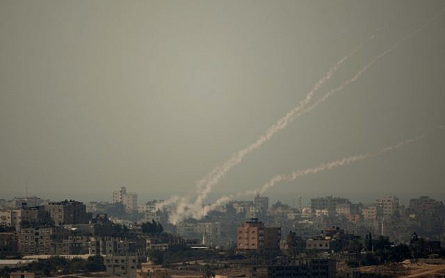 Smoke trails of rocket fired by Palestinian militants from Gaza Strip towards Israel in October 2012. (photo credit: AP/Ariel Schalit)