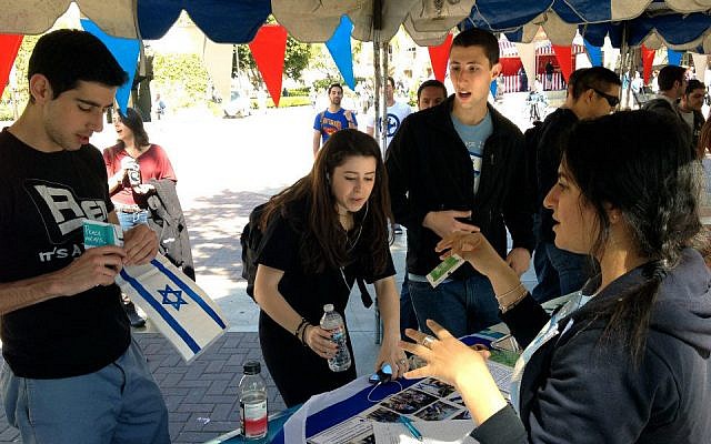 Pro-Israel students at UCLA distribute material in March. A new study says the University of California system is the scene of regular anti-Israel activism, setting it apart from the vast majority of US and Canadian campuses. (Hasbara Fellowships via JTA)